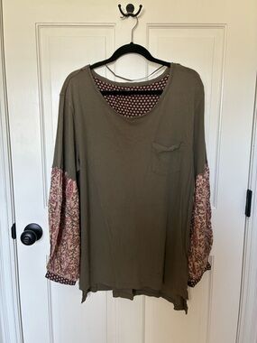 We The Free Olive Green Long Sleeve Top with Pink Paisley Sleeves